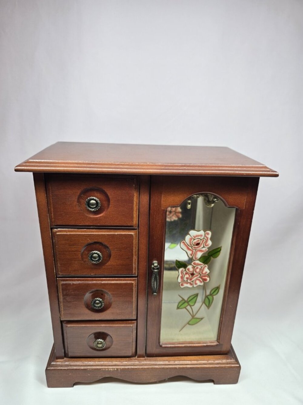 Vtg Wooden Jewelry Box Stained Floral Glass Door Mirrored With 4 Drawers 1978